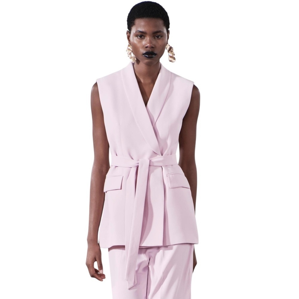 Zara Womens Powder Pink ZW Collection Self Tie Belted Double Breasted Vest Large